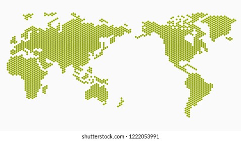 flat world pixel dots map with Atlantic Ocean in the design of points dots of hexagons. Planet Earth background Dotted banner. All the continents of the world in one picture pixel Dotted.