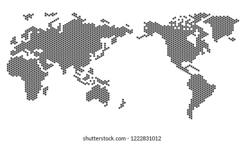 flat world pixel dots map with Atlantic Ocean in the design of points dots of hexagons. Planet Earth background Dotted banner. All the continents of the world in one picture pixel Dotted.