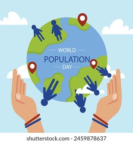 
Flat world population day background with hands surrounding planet