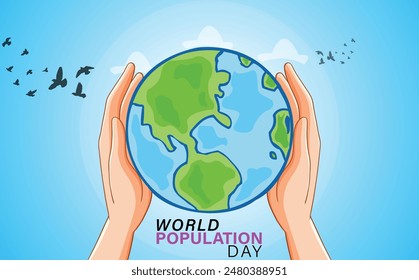 Flat world population day background with hands surrounding planet