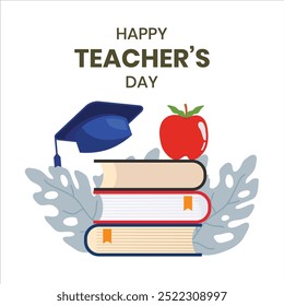 Flat world teacher's day including books,graduation hat,apple and leaves.Vector illustration