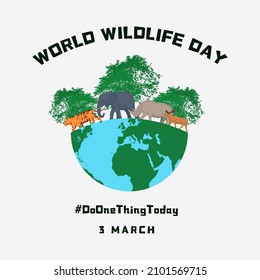 flat world wildlife day illustration with earth, animals, and tree. vector design. fauna and flora