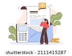 Flat worried woman have list of credit debts and overdue bills. Girl reading letter from collection agency about financial problems, loans and unpaid tax. Calculation and payment of expenses concept.