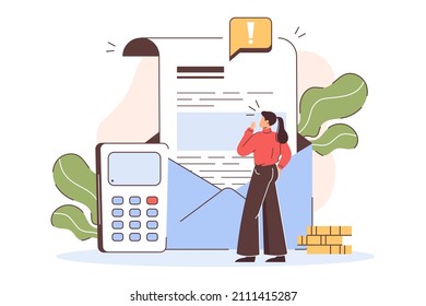 Flat worried woman have list of credit debts and overdue bills. Girl reading letter from collection agency about financial problems, loans and unpaid tax. Calculation and payment of expenses concept.