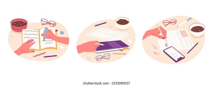 Flat writing hands, female or male hands making notes and signing documents. Cartoon hands holding pens and pencils flat vector symbols illustrations set. Paperwork concept