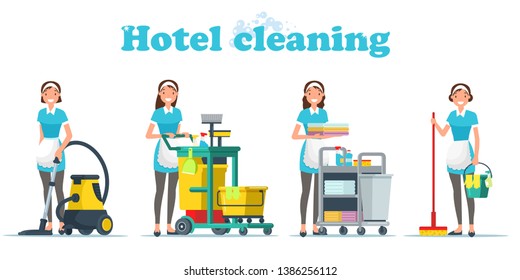 El Flat es una ilustración de vectores de limpieza escrita. El Set Maid Hotel Ofrece Servicio De Limpieza Profesional. Chica en los Vacíos de Apron. Trabajos estacionales de las empleadas domésticas para mujeres. 