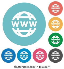 Flat WWW globe icon set on round color background.
