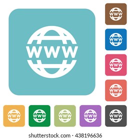 Flat www globe icons on rounded square color backgrounds.