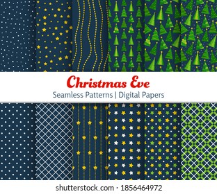 Flat Xmas Pattern Collection. Vector illustration backgrounds with Christmas trees for wallpaper, greeting card, poster, invitation, web banner.