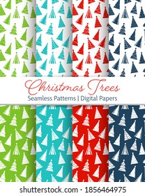 Flat Xmas Trees Silhouette Pattern Collection. Vector background for wallpaper, greeting card, poster, invitation, fabric, package paper.