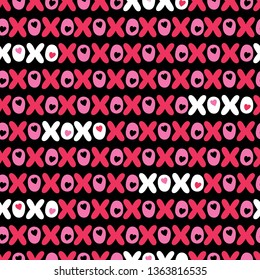Flat XOXO Valentine's Day Typography vector seamless pattern. Stripes Hearts and Words. Love. XOXO. Hugs and Kisses
