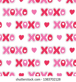 Flat XOXO Valentine's Day Typography vector seamless pattern. Stripes Patch Hearts. Love. XOXO. Hugs and Kisses