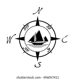 Flat yacht icon with compass. Boat logo with water on white background. T-shirt design consept. Vector illustration sign.
