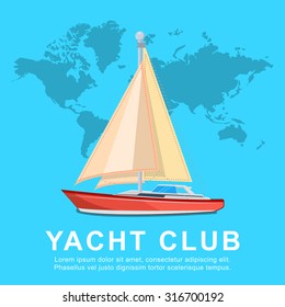 flat yacht, vector illustrations.travel concept with world map.