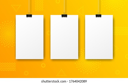 Flat yellow abstract background with three empty white posters with shadow. Trendy flyer mockup template. Vector Illustration for web, poster mock up, design, app, advert.