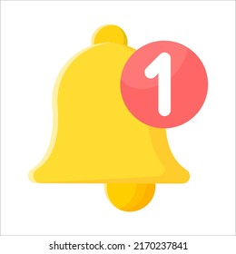 Flat yellow alert bell with number 1 in red circle, on white background