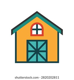 Flat of a yellow barn with a teal roof and door on a plain white background, for farm