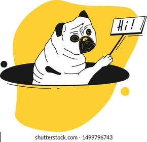 
Flat yellow black illustration pug hello