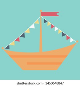Flat yellow boat with colorful flags and in cartoon style. You can print it on t-shirts or other clothes, bags, card, postcards, posters, make a stamp. Separated from a background.