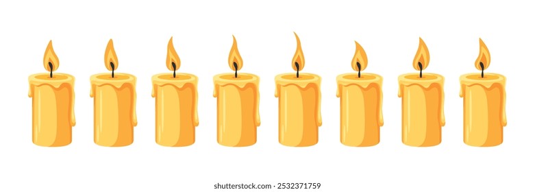 Flat Yellow Candle Icon Set. Steps of Burning Candle Fire Icons. Moving Flame Effect. Christmas Holiday Decoration. Candle Animation Design Elements in Cartoon Style. Isolated on White Background