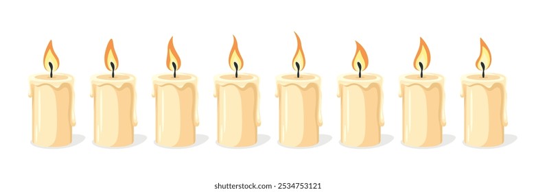 Flat Yellow Candle Icon Set. Steps of Burning Candle Fire Icons. Moving Flame Effect. Christmas Holiday Decoration. Candle Animation Design Elements in Cartoon Style. Isolated on White Background