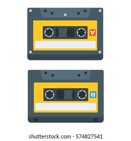 Flat Yellow Cassette Tape Icons. Vector Illustration