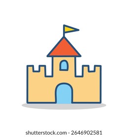 Flat yellow castle icon with an orange door and flag. Ideal for children’s graphics, educational apps, fairy-tale designs, game UI, or whimsical decor.