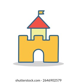 Flat yellow castle icon with a red tower and flag. Perfect for children’s graphics, fairy-tale designs, game icons, educational visuals, or whimsical projects.