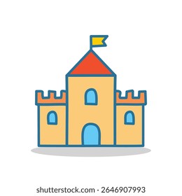 Flat yellow castle icon vector featuring a blue tower and flag. Perfect for storybook themes, children’s apps, game UI, or playful branding visuals.