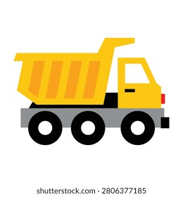 A flat yellow dump truck icon with three wheels, representing heavy machinery and construction equipment. Perfect for logistics, transport, and building themes.