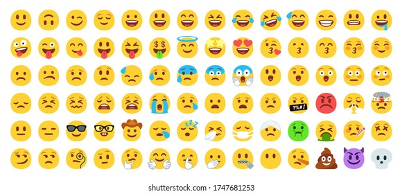 Coleção de emojis amarelos planos. Sorriso feliz, rosto triste chorando e expressões faciais com raiva. Conjunto de ícones vetoriais de emoticons