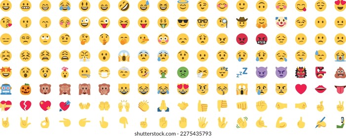 Flat yellow emoji collection. Happy smile, sad crying face and angry facial expressions. Emoticons vector icons set. EPS 10