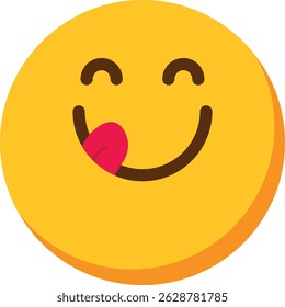Flat yellow emoji face smiling with tongue out, savoring delicious taste.
