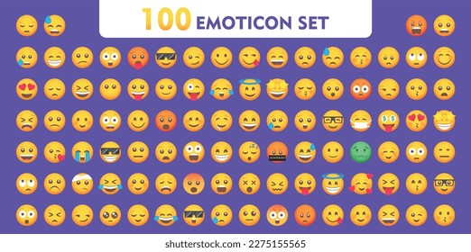 Flat yellow Emoticons collection. Happy smile, sad crying face and angry facial expressions. Emoticons vector icons set