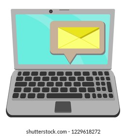 Flat yellow envelope icon, email symbol, message sign, flat grey computer, blue screen, new email, digitalenvelope, newletter icon, laptop pc icon, isolated on white, stock vector illustration.
