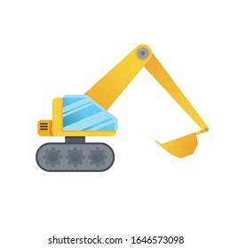 Flat yellow excavator, construction machine, vector illustration, isolated on white background