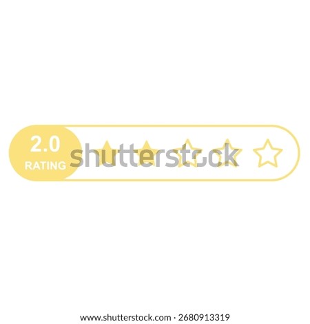 Flat yellow five star rating system icon with 2.0 score in box layout, customer feedback quality evaluation bar UI template, vector symbol isolated on transparent background, digital review platforms