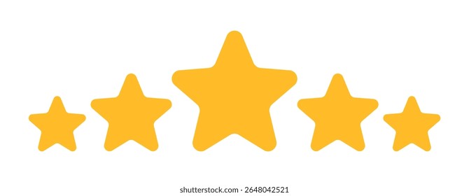 Ícone de classificação vetorial de cinco estrelas amarelo plano com estrela central maior, design mínimo para interface de feedback, avaliações dos clientes, medida de qualidade do serviço, fundo transparente, sistema de classificação de usuário escalável