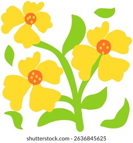Flat Yellow Flowers Illustration – Minimal Summer Floral Clipart with Green Leaves