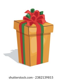 Flat Yellow Gift Box Present with Red Green Bow 