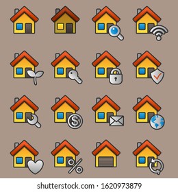 Flat yellow house icon set. Vector illustration.