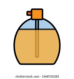 Flat yellow icon is a simple fashionable glamorous cosmetics, glass bottle with perfume, adicolon, toilet water with a pleasant smell and beauty guidance. Vector illustration