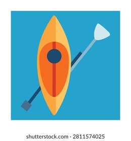 Flat of a yellow kayak and a paddle on a blue background, representing water sports, and recreation