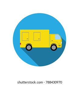 Flat yellow lorry icon on blue background. Can be used for web or other purposes.