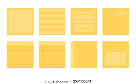 Flat yellow paper sticker set. Various options linear, sheet of reminder messages, planner. Template empty note paper sticker. Office elements, blank notes notebook. Isolated vector illustration
