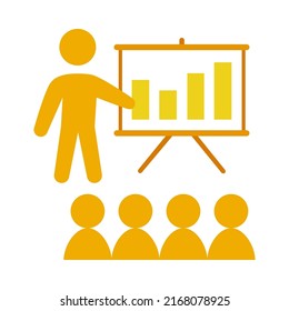 discurso de presentación amarillo plano con la audiencia y un icono de pizarra. Ilustración vectorial con temática educativa para folletos, sitios web o decoración de aplicaciones.