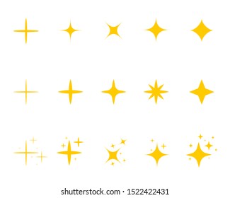 Flat yellow sparkle star.Gold twinkle stars cartoon style.Set of light firework, glow effect, bright bursts.Sparkle star with flash. Flat decoration twinkle on isolated background. vector illustration