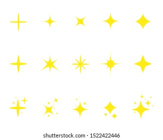 Flat yellow sparkle star.Gold twinkle stars cartoon style.Set of light firework, glow effect, bright bursts.Sparkle star with flash. Flat decoration twinkle on isolated background. vector illustration