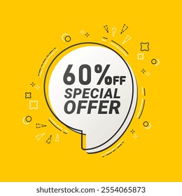 Flat yellow speech bubble 60% discount offer banner. Sale price promo tag sign. Special offer price speech bubble symbol. Vector flat illustration.