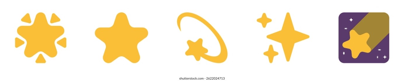  Ícone de estrela amarela plana definido com vários estilos abstrato, clássico, brilhante, cometa e estilo de aplicativo. Ideal para projetos de interface do usuário, jogos, aplicativos, decorações e design digital. Vetor, ícones.
